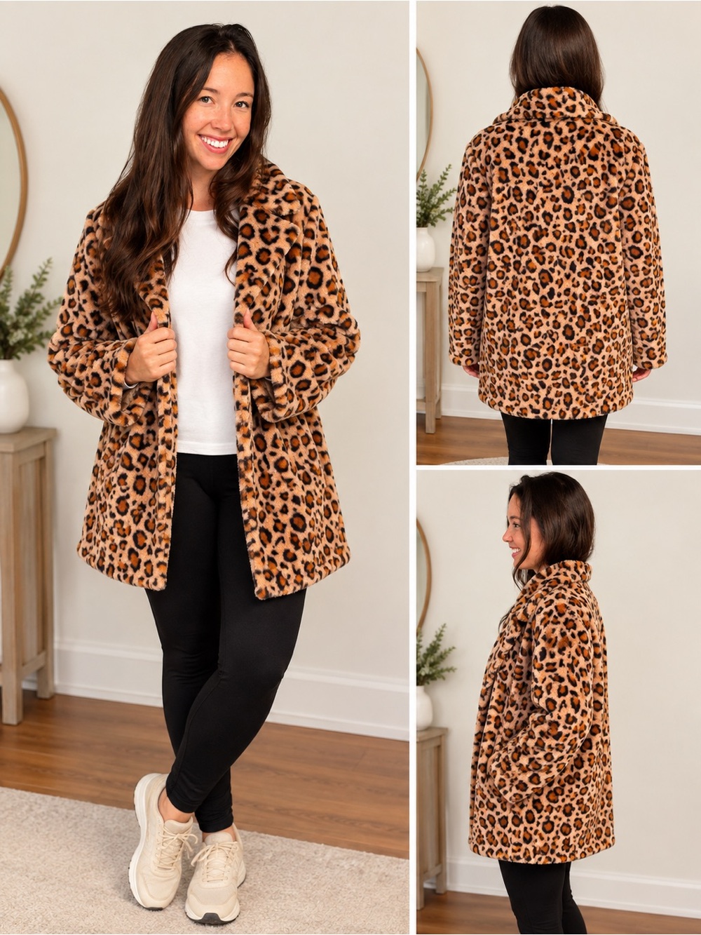 Leopard Print Faux Fur Coat - Women's Brown Animal Print Jacket